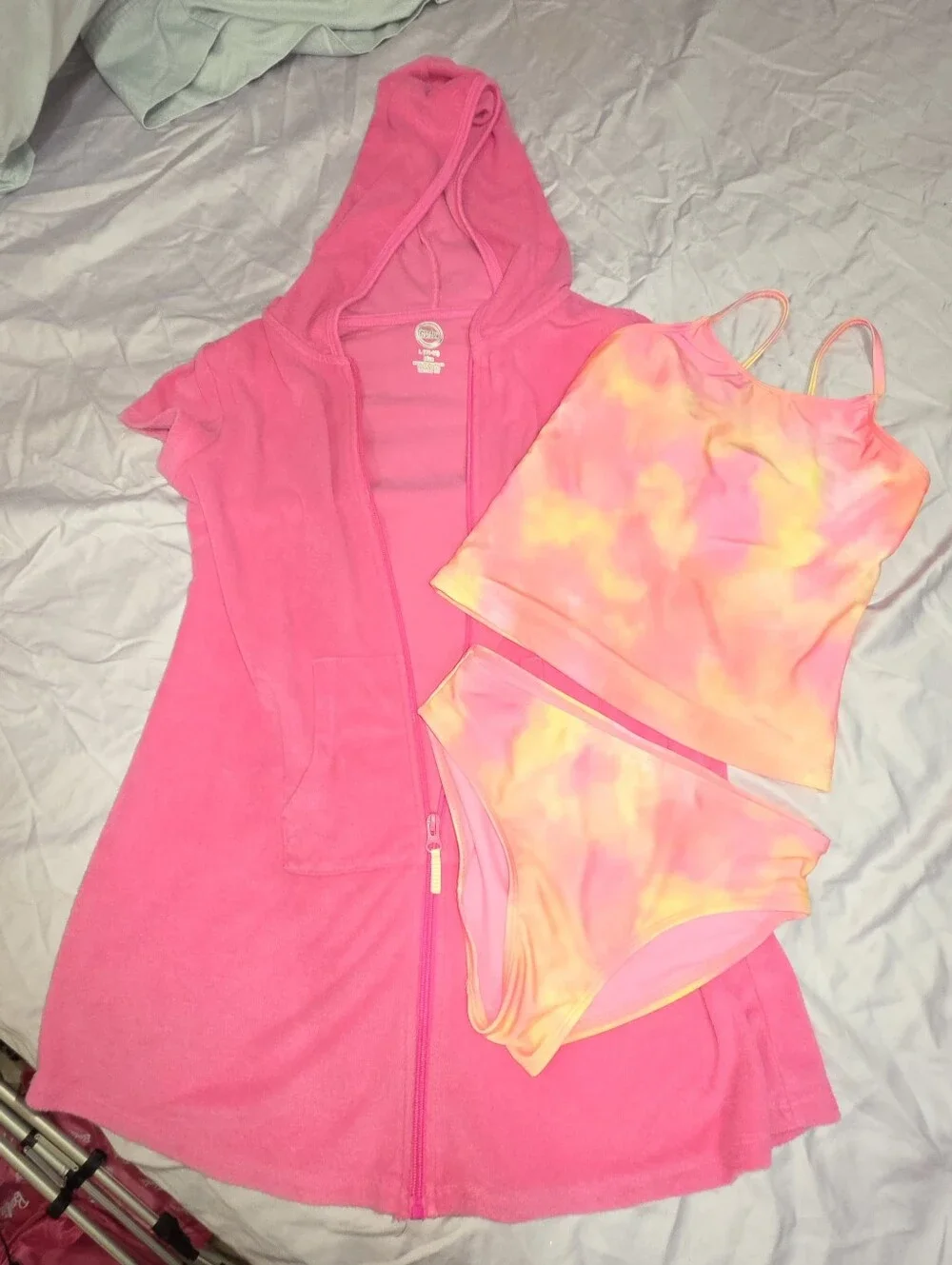 Girls Hot Pink Hooded Terry Zip Swim Cover Up + Tie Dye 2pc Tankini Swimsuit Set